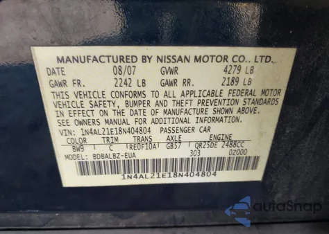 2008 Nissan Altima 2.5 S from USA, damaged, VIN 1N4AL21E18N404804